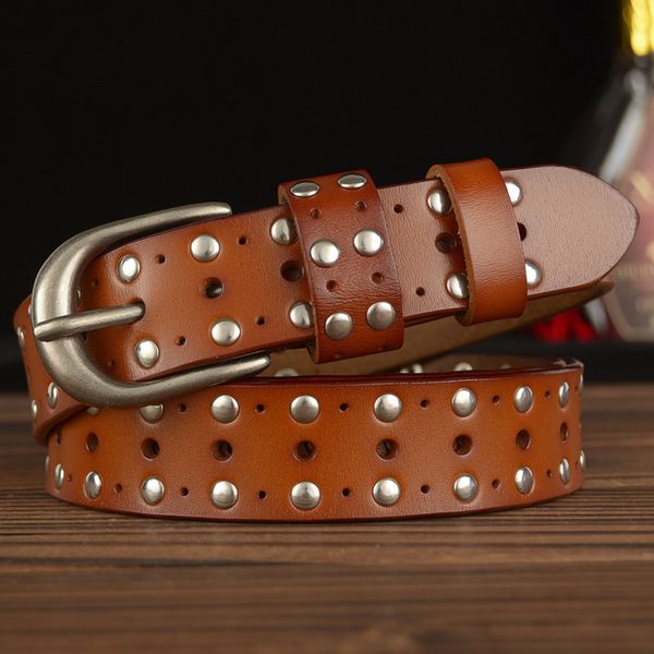 

2020 new arrival famous design women cowhide belt handmade rivet belt women genuine leather designer belts strap for gift, Black;brown