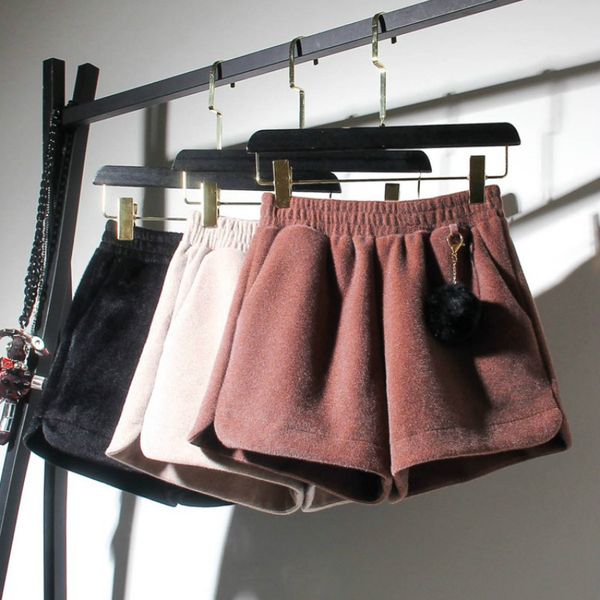 

high waisted korean velvet shorts women autumn winter solid wide leg short pants casual loose thick warm elastic boots shorts, White;black