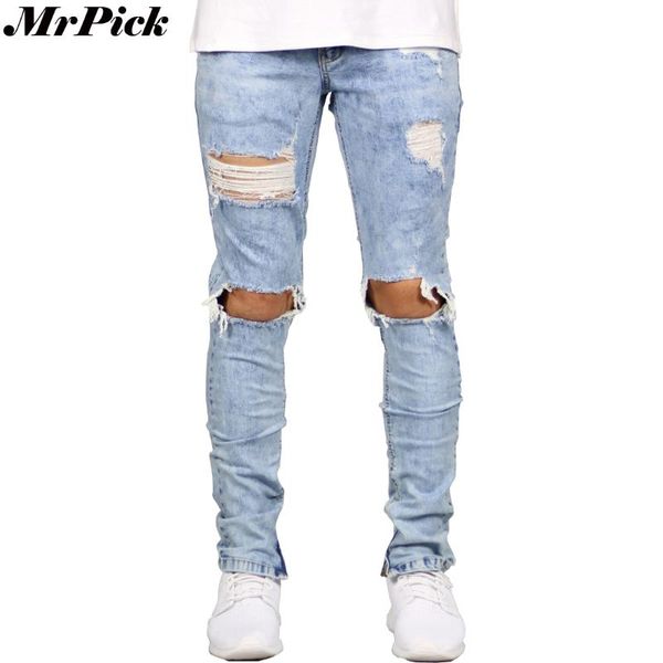 

2020 side zipper stretch men skinny jeans fashion casual hip hop hole ripped distressed destroyed jeans t0283, Blue