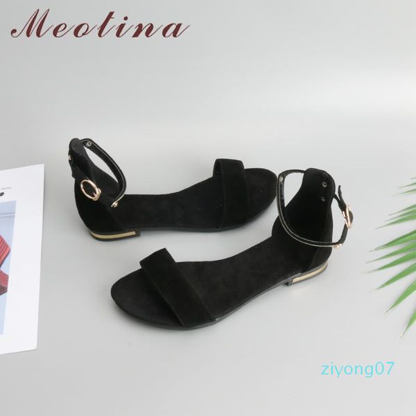 

meotina genuine leather women sandals chunky heels summer shoes 2019 peep toe suede shoes black buckle bling big size 33-46 z07