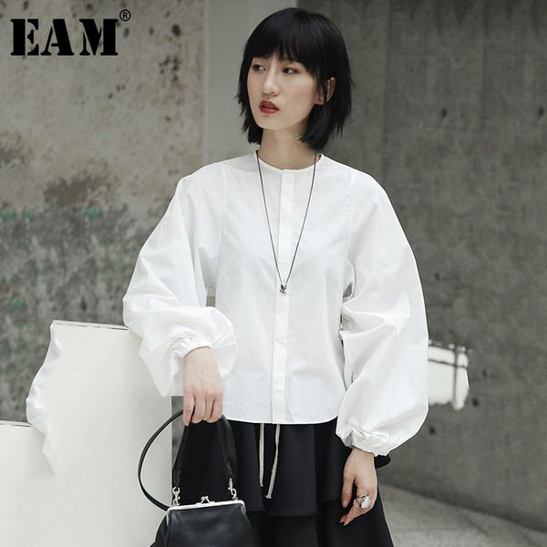 

eam] 2020 new spring summer stand collar long lantern sleeve temperament white loose shirt women blouse fashion tide ji516