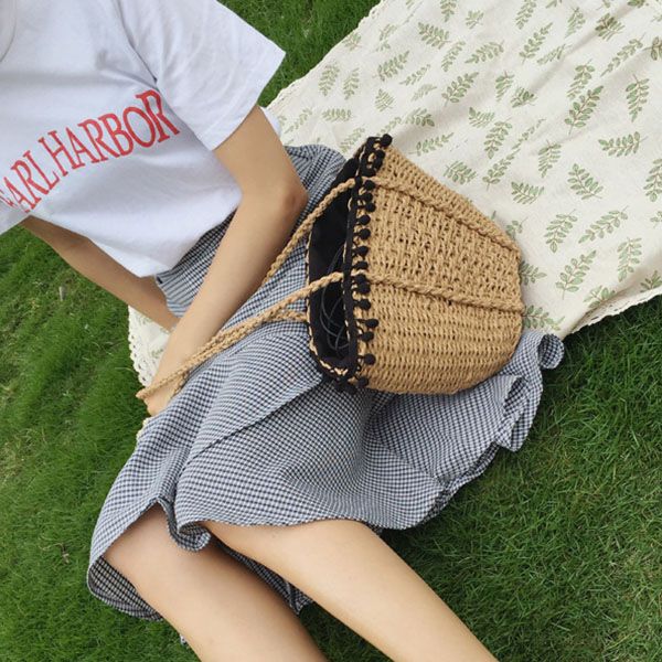 

new bohemian beach bag for women cute handmade straw bags summer grass handbags drawstring basket bag travel tote