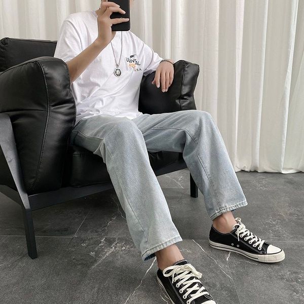 

мужские джинсы 2020 осень новый тонкий сплошной цвет отец брюки рваные джинсы промытые потерять случайные личности молодёжные мужская одежда, Blue