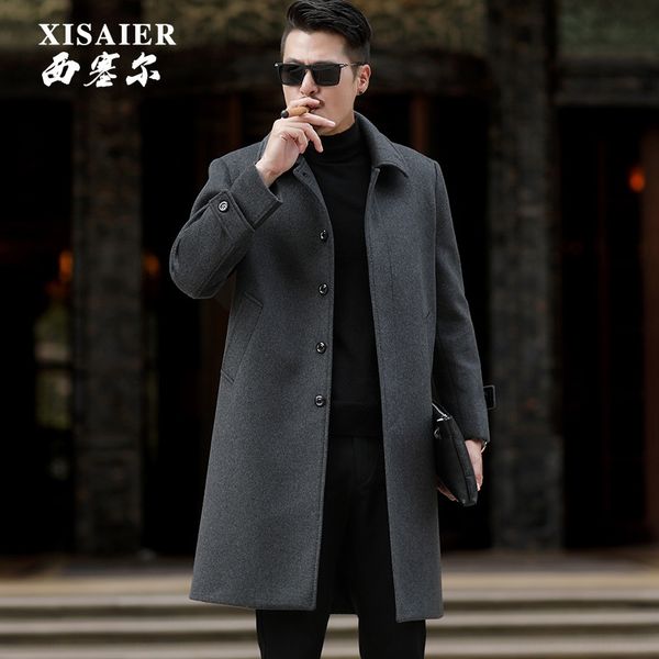 

season men's en lapel thickened trench coat for middle-aged and elderly fathers windbreaker wool coat wool lengthened over knee, Black