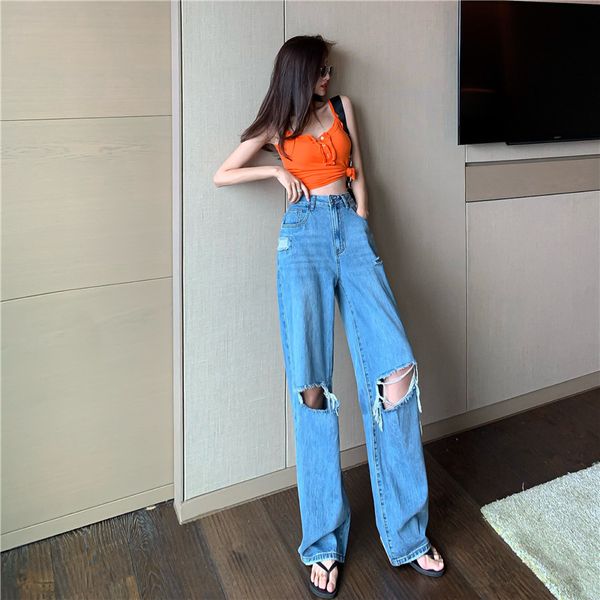 

women's jeans korean women denim wide leg pants elastic high waist trousers womens clothing casual bottoms pantalon palazzo, Blue
