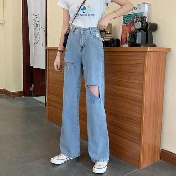 

high waist jeans women holes floor length wide leg trousers hip-hop big size 5xl loose oversize chic cool girls womens denim new, Blue