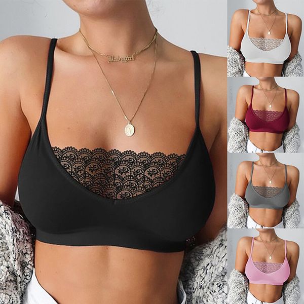 

summer women plus size crop elastic cage bra lace camis camisole crop tank bra bustier vest 2020 underwear s, White
