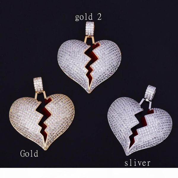 

k solid broken heart necklace &pendant new men women hip hop jewelry bling cubic zircon gold color with rope chain for gift, Silver