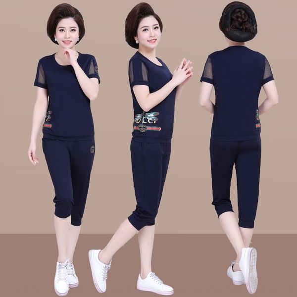 

2019 new mom summer short-sleeved two-piece suit set 40-year-old 50 fashion western style middle-aged women's sports suit summer thin, Black;red