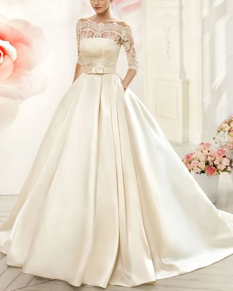 

a-line wedding dresses v neck court train tulle half sleeve glamorous see-through illusion sleeve with appliques, White