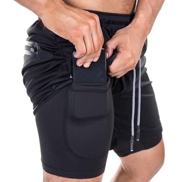 

summer casual shorts quick dry beach pants mens double layer phone pocket running shorts gym fitness training, Black;blue