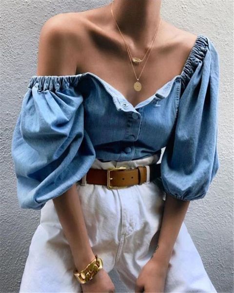 

fashion women's ladies vintage denim long sleeve shirt loose blouse t-shirt lantern sleeve blouse t shirt ladies new, Gray