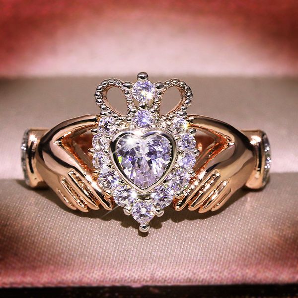 Кольца для женщин в стиле ретро Крылья любви Циркон розовое золото Цвет Crown Heart Shaped ювелирные изделия Свадебные подарки Мода