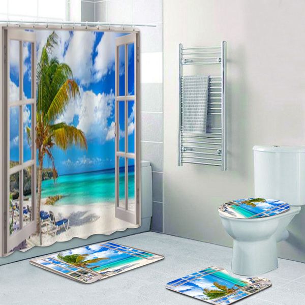

3d tropical beach window view shower curtain set sea ocean beach bath curtains for bathroom mats rug nature landscape home decor