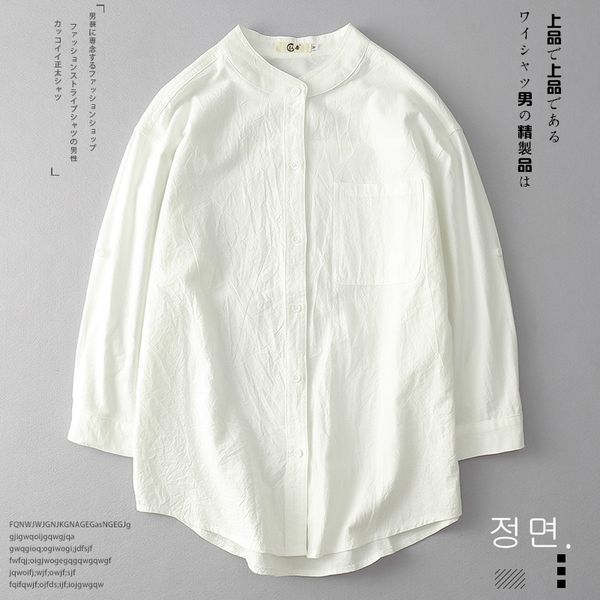 

new trend korean short-sleeved shirt men's stand collar japanese loose cotton solid color shirt, White;black