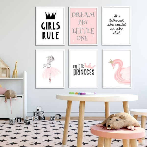 

kawaii baby girl nursery wall art watercolor ballet dancer canvas painting nordic kids room pink cartoon swan posters and prints