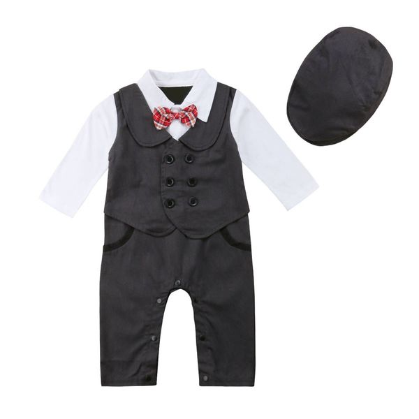 

newborn baby boys clothes set gentleman formal baby bodysuit tuxedo infant hat+jumpsuit 2pcs outfit party toddler clothes y200803, White