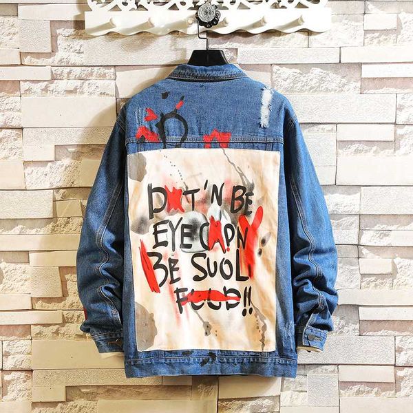 

mens graffiti denim jackets streetwear 2020 hip hop casual patchwork ripped distressed punk rock jeans coats outwear 5xl, Black;brown