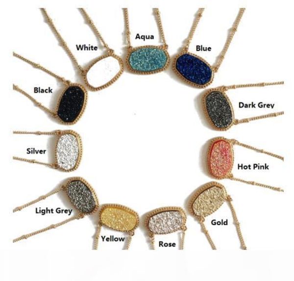 

11 colors gold plated cute faux quartz oval pendant geometric resin druzy choker necklace jewelry for women, Silver