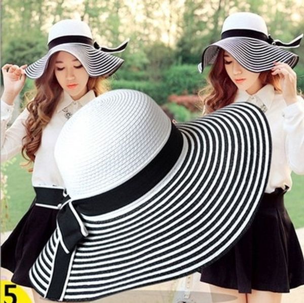 

7d3ir hepburn xiaoxiang lady's straw toque butterfly female black and white striped female bowknot straw hat holiday tourism sunshade b, Blue;gray