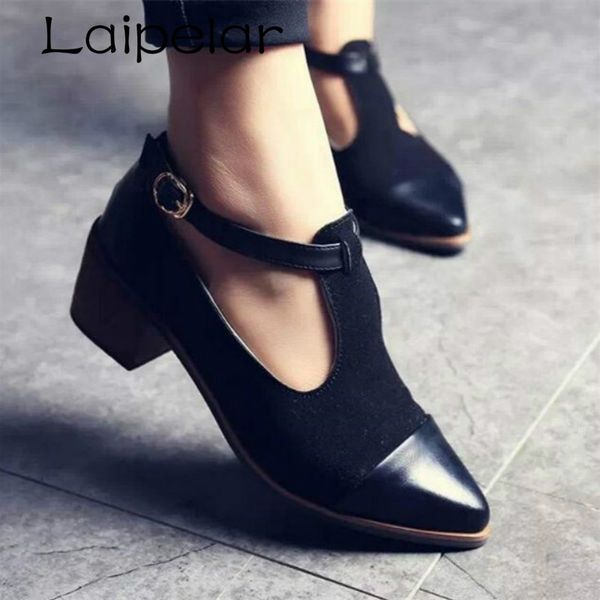 

2020 vintage oxford shoes women pointed toe cut out heel patchwork buckle ladies shoes flats laipelar, Black