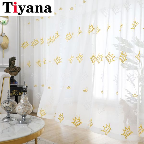 

yellow embroidered crown curtain for girls kids room white linen curtain for window bedroom sheer fabrics cortinas jk122y