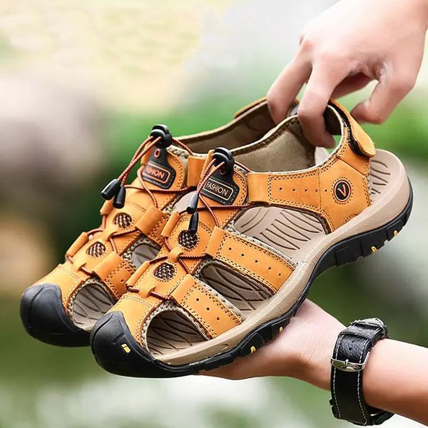 

coslony men sandals men leather summer footawear male shoes genuine shoes beach sandals fashion outdoor casual sneakers, Black