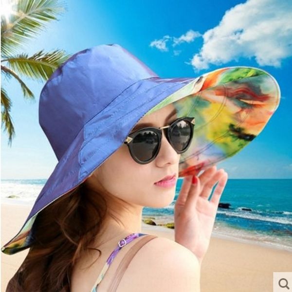 

female summer sun foldable outdoor beach travel sun hat big edge cool hat, Blue;gray