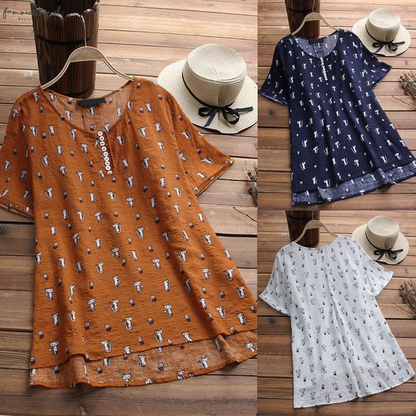 

fashion womens and blouses camisa feminina womens asymmetrical short sleeve cat print o neck casual vintage blouse, White