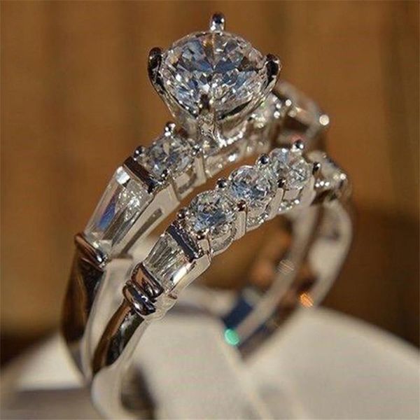 

super white gold color zircon lady rings new fashion wedding engagement ring set jewelry gifts for women 2pcs clear zircon ring sj333, Golden;silver