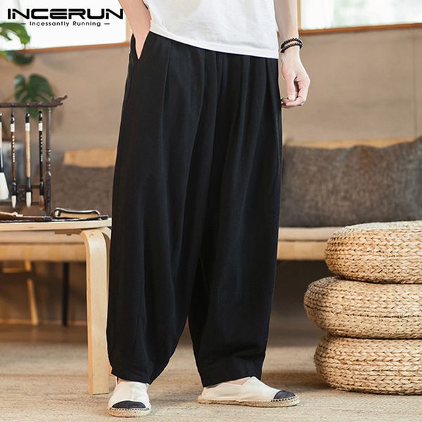 

мужчины vintage брюки повседневный wide leg pants ретро печатный лоскутная joggers досуг багги эластичный пояс pantalones s-5xl incerun, Black