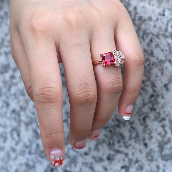 

cute female blue red zircon stone ring elegant rose gold engagement ring fashion flower wedding rings for women, Golden;silver