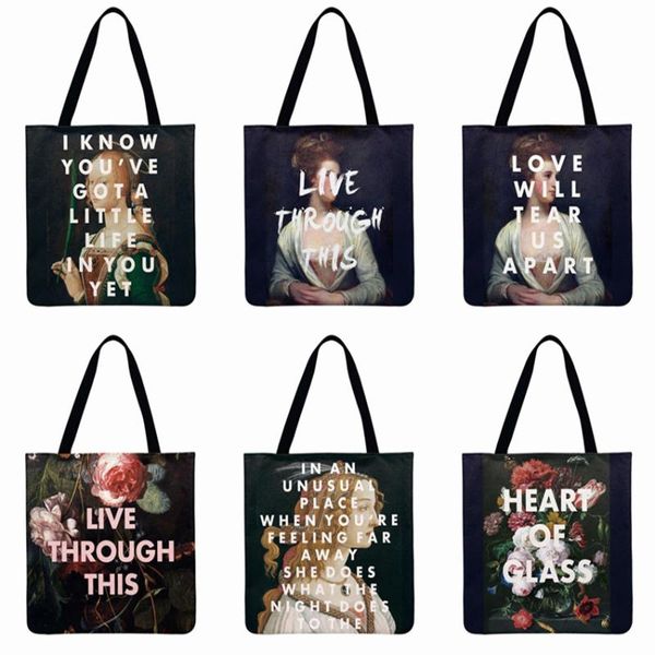

european classical oil painting printing tote bag linen febric casual tote shoulder bag women beach bags foldable shopping