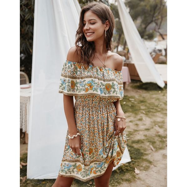 

women off shoulder ruffle bohemia floral print summer dress, White