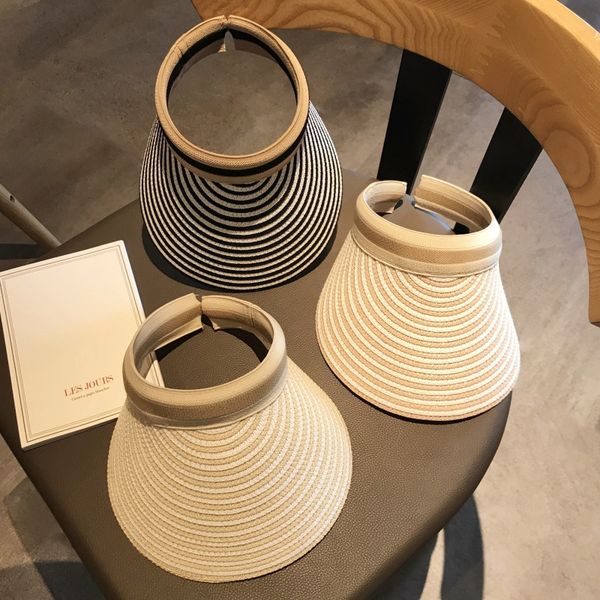 

ins empty women's korean style chic no sunscreen straw sunscreen hat straw hat travel striped beach, Blue;gray