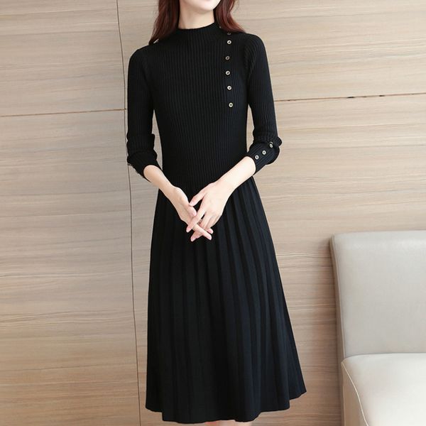 

spring autumn women vintage long sleeve midi women dress elegant ladies dresses plus size dress knitted, Black;gray