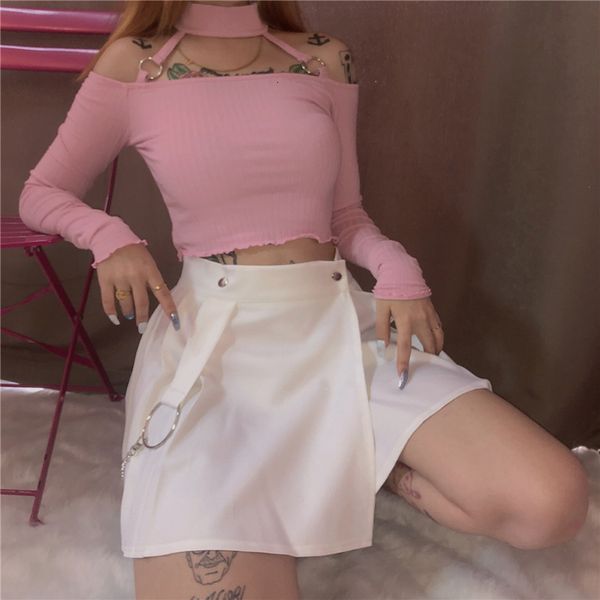 

harajuku girls cute white lolita pleated skirts womens autumn wild metal decoration black gothic mini skirts mujer