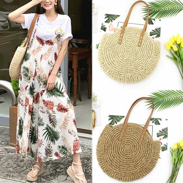 

fashion women round circular rattan wicker straw woven crossbody beach casual bag basket shape casual gift