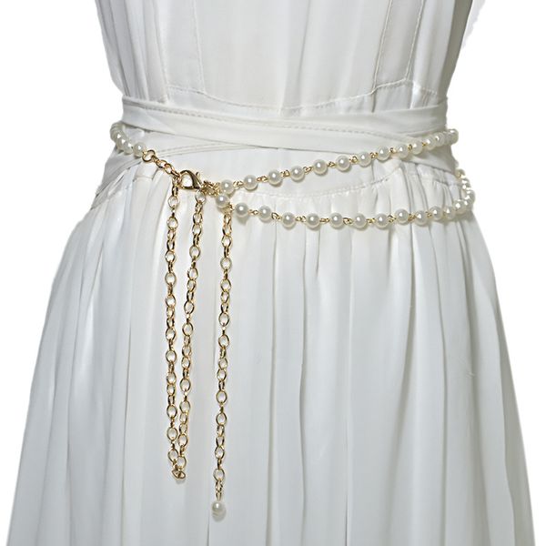 

ansloth elegant pearl belt women dress crystal strap fashion slim waist chain bridal belt pearl decorate dress chains hsl11, Black;brown