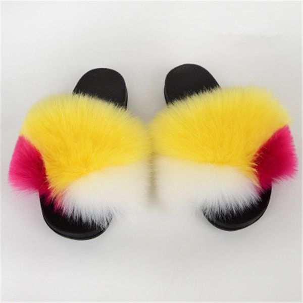 

fashion women slippers furry fox fur slides home color fur flip flops ffy plush house shoes female cute winter warm slippers#914, Black