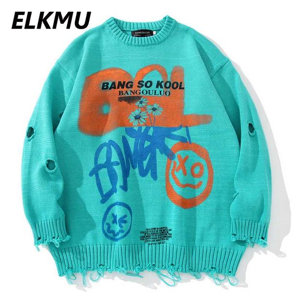 

men's sweaters elkmu ripped destroyed holes mens graffiti knitted pullover sweater male hip hop fashion loose streetwear we050, White;black