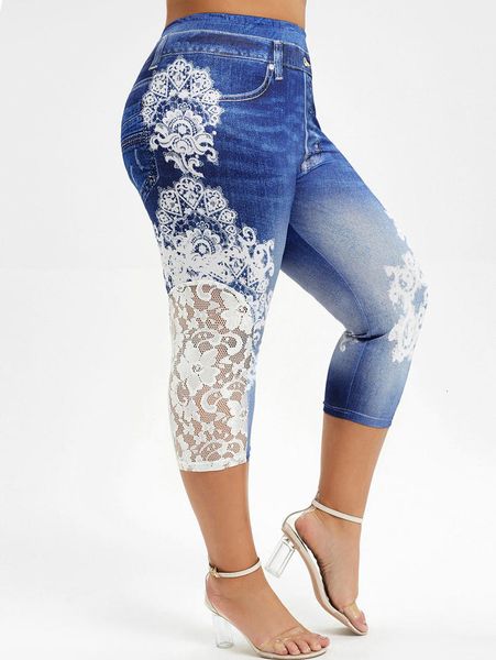 

rosegal plus size capri lace panel printed leggings push up 3d elastic high waist women skinny fitness trouser size 5xl, Black