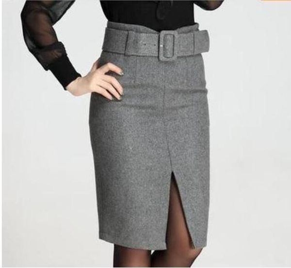 

new fashion autumn winter 2020 plus size high waist skirt saias femininas casual woolen midi pencil women skirts clothes, Black