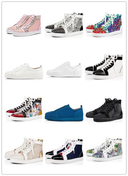 

2019 fashion red bottoms shoes studded spikes flat sneakers for men women glitter party lovers genuine leather casual rivet, Black