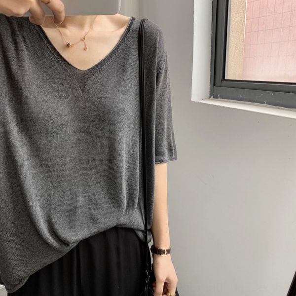 

self-recommended spring and summer ice silk v-neck knitwear lazy simple solid color all-match slimming short sleeve knitwear, White;black