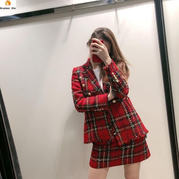 

elegant women tweed plaid skirt suits double breasted notched collar lady fashion blazers + pockets a line mini skirt female, White;black