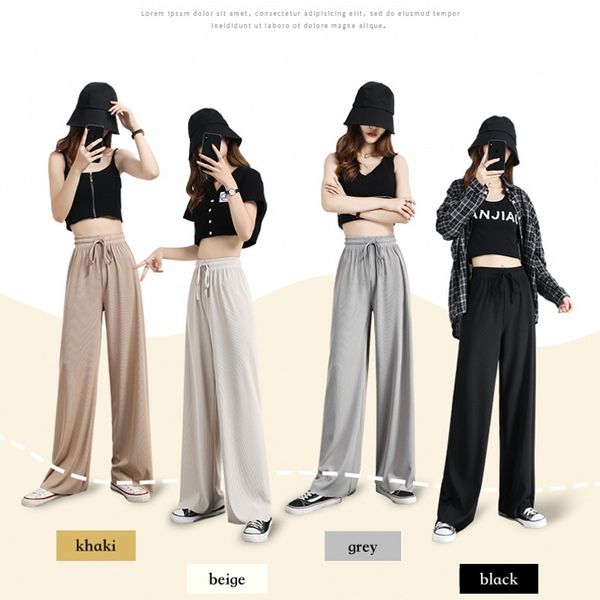 

soft comfort women loose pants 2020 new high waist casual summer wide leg pants ice silk full length long trousers female slacks, Black;white