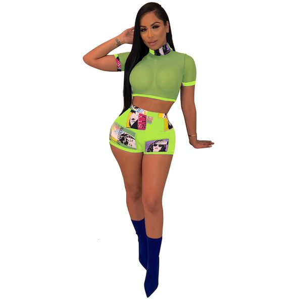 

women girl mesh short sleeve transparent t-shirt blouse tee + shorts mini short trousers two piece set women slim tracksuit, Gray