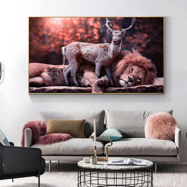 

современные животные лев и олень искусство картины холст картины стены искусство картинки для гостиной home decor (no frame