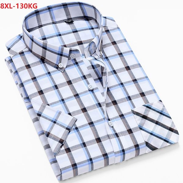 

summer men plaid shirt big size 7xl 8xl formal short sleeve shirt office business breathable cotton pockets, White;black